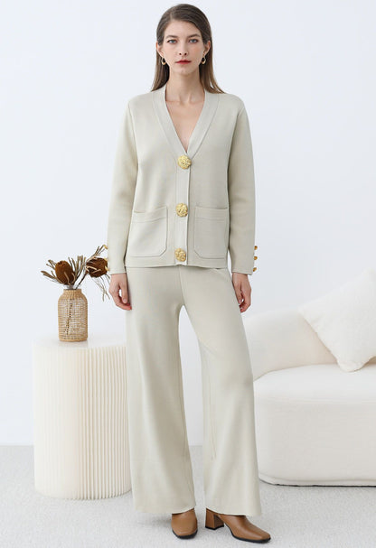 Femme Cardigan Tricot Fin - Coupe Droite - Élégante - Boutons Décoratifs - Poches Avant