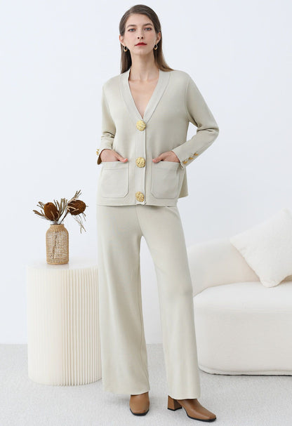 Femme Cardigan Tricot Fin - Coupe Droite - Élégante - Boutons Décoratifs - Poches Avant