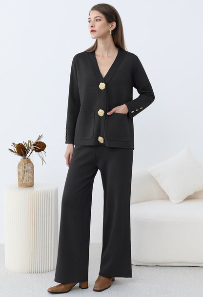 Femme Cardigan Tricot Fin - Coupe Droite - Élégante - Boutons Décoratifs - Poches Avant