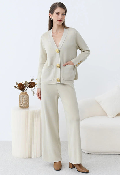 Femme Cardigan Tricot Fin - Coupe Droite - Élégante - Boutons Décoratifs - Poches Avant