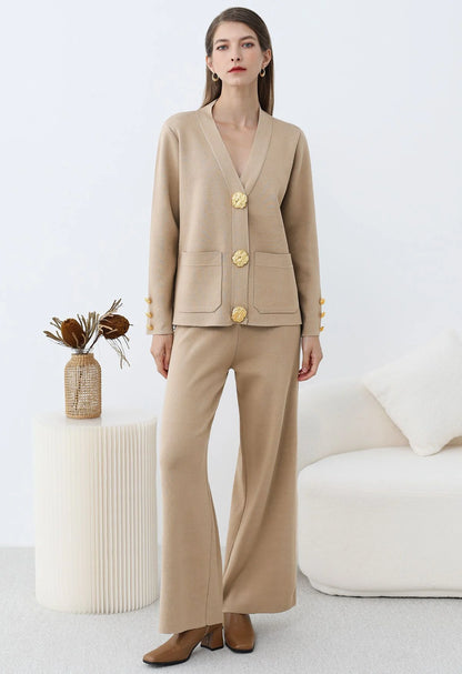 Femme Cardigan Tricot Fin - Coupe Droite - Élégante - Boutons Décoratifs - Poches Avant