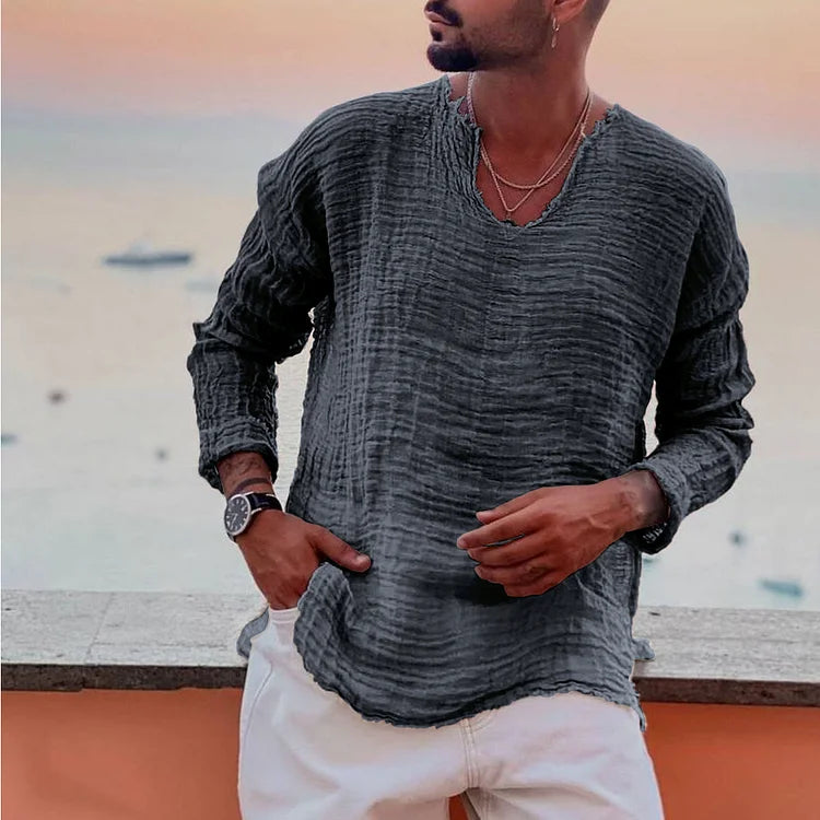 Chemise homme à manches longues – Col en V – Coupe décontractée – Tissu froissé respirant