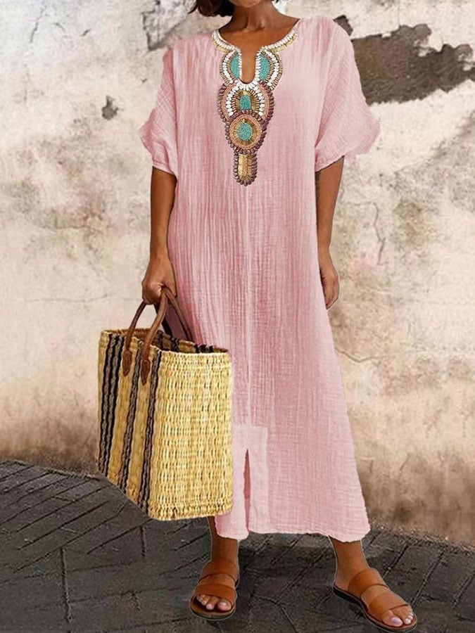 Robe caftan femme – Coupe décontractée – Tissu respirant – Col brodé élégant