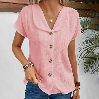 Blouse femme – Coupe ample – Tissu froissé – Col large – Boutonnage contrasté