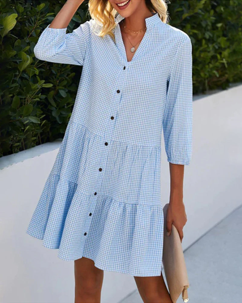 Robe femme – Coupe évasée – Fibres naturelles – Manches 3/4 – Boutonnée – Motif à carreaux