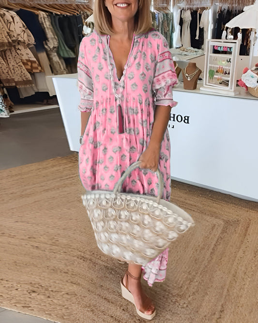 Robe longue femme – Fibres naturelles – Coupe fluide – Motif fleuri bohème – Col V