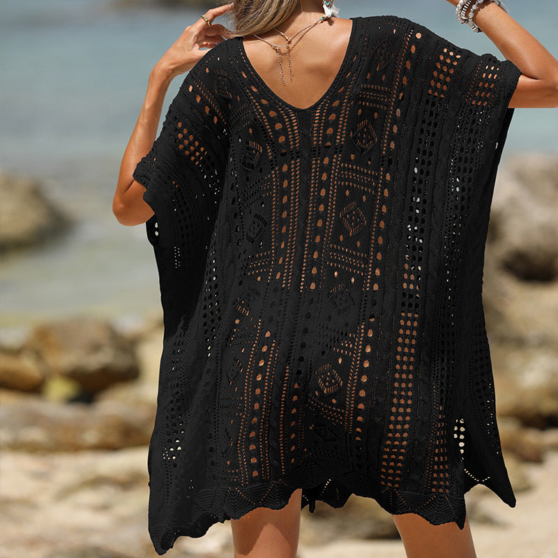 Tunique de plage femme – Maille douce – Coupe ample – Motif ajouré – Manches courtes