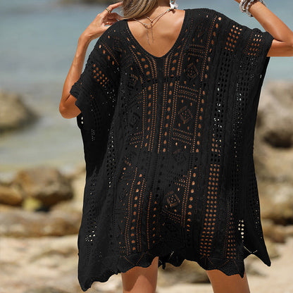 Tunique de plage femme – Maille douce – Coupe ample – Motif ajouré – Manches courtes