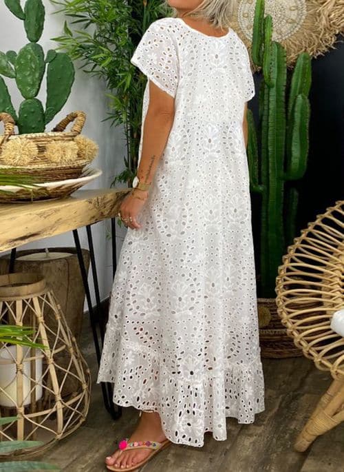 Robe longue femme – Coupe ample – Broderie anglaise – Fibres naturelles – Manches courtes