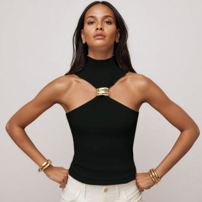 Débardeur femme – Coupe slim – Encolure dos nu – Détail anneau métal – Maille douce