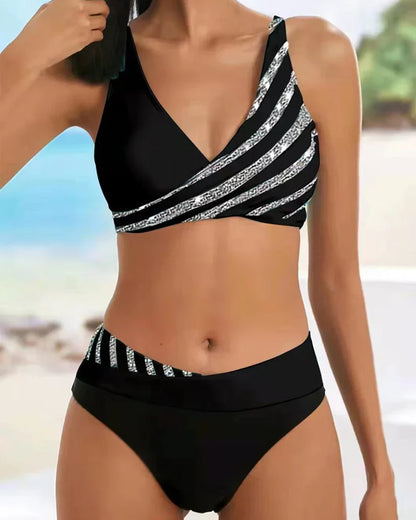 Bikini femme – Taille haute – Haut croisé – Tissu extensible respirant – Rayures imprimées