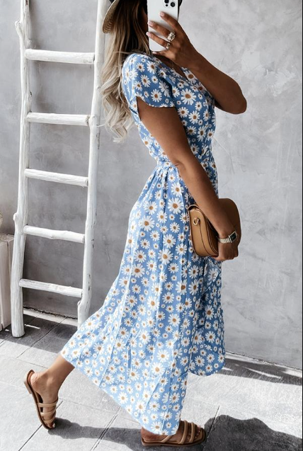 Robe femme midi – Coupe décontractée – Manches courtes – Imprimé floral fluide