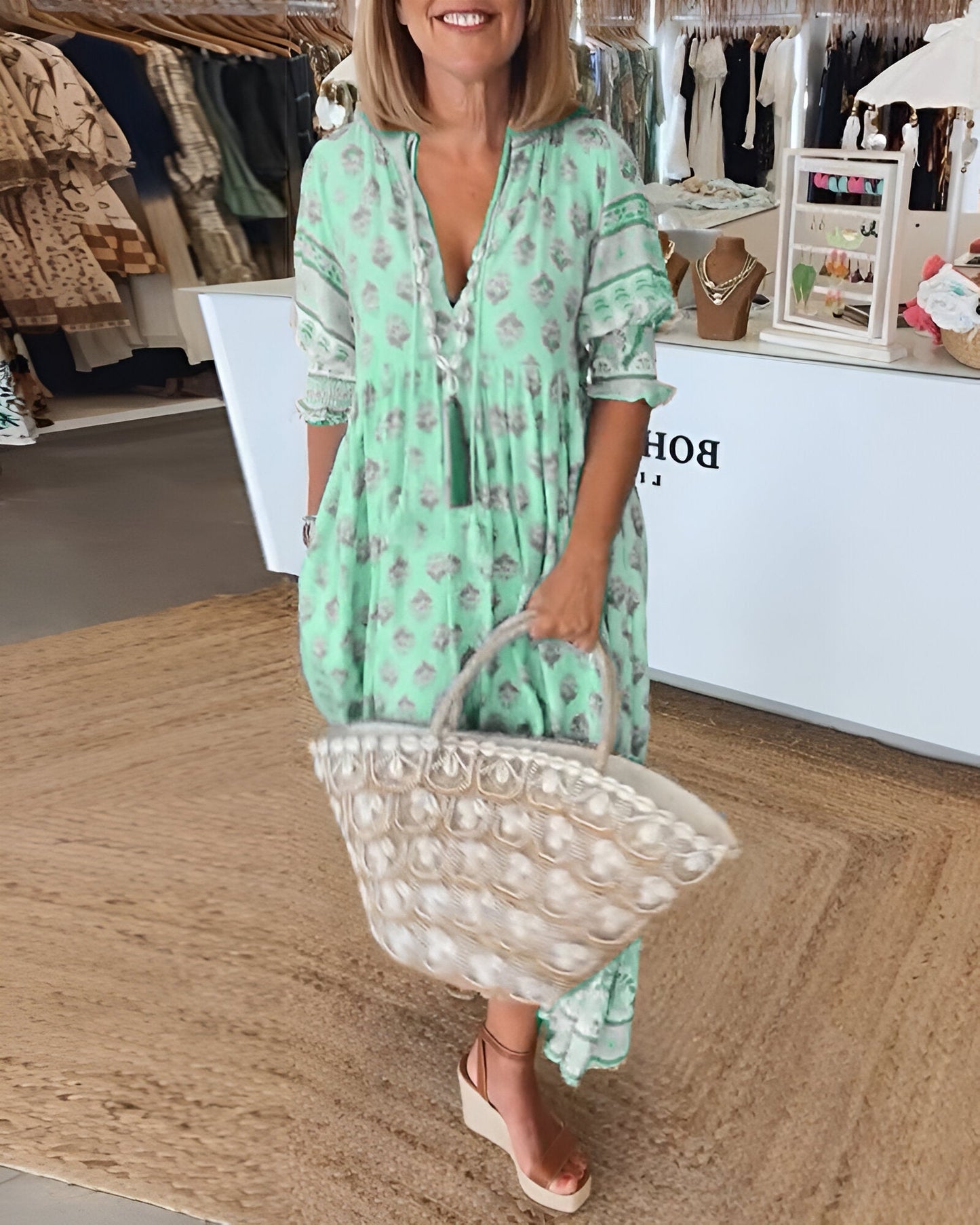 Robe longue femme – Fibres naturelles – Coupe fluide – Motif fleuri bohème – Col V