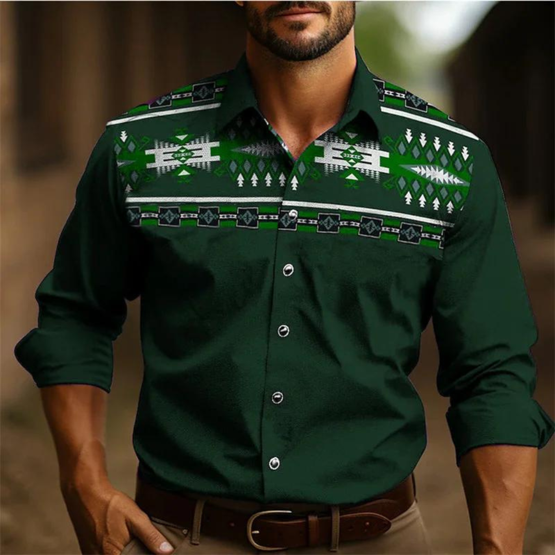 Chemise homme – Coupe ajustée – Manches longues – Motif géométrique rétro – Tissu respirant