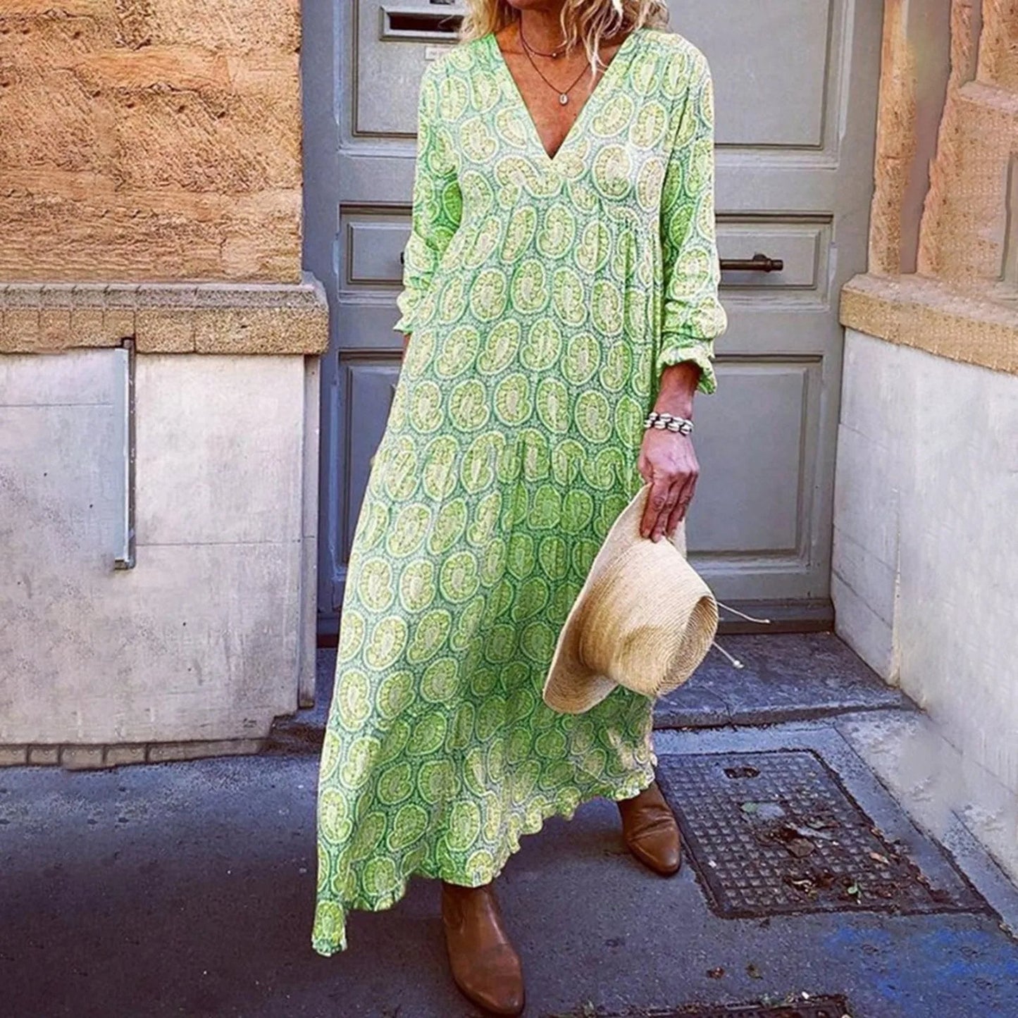 Robe longue femme – Coupe décontractée – Imprimé géométrique – Tissu respirant – Manches longues