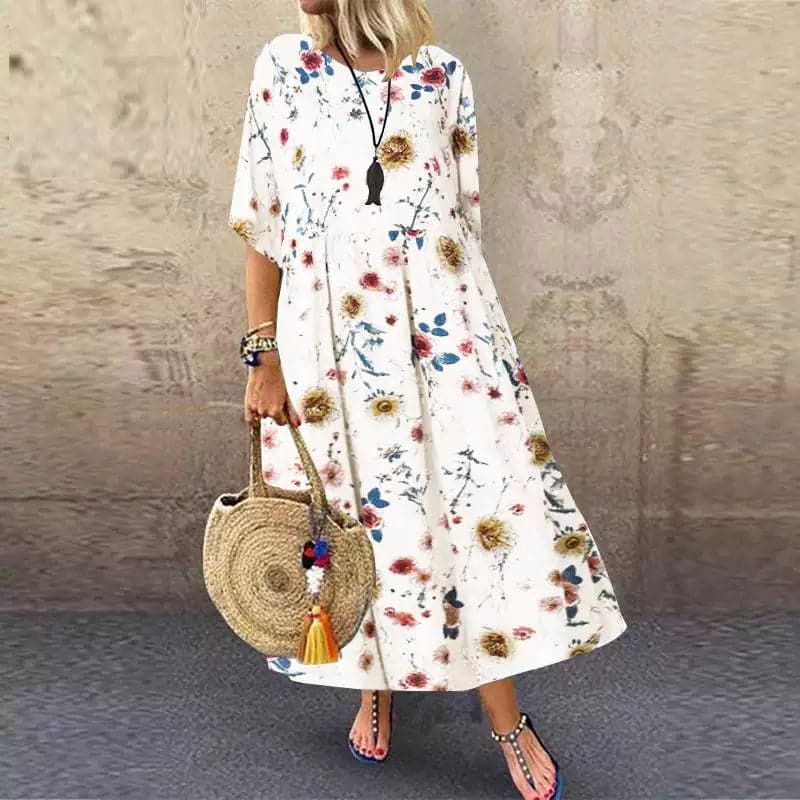 Robe longue femme – Coupe décontractée – Motif fleuri – Tissu respirant – Manches courtes