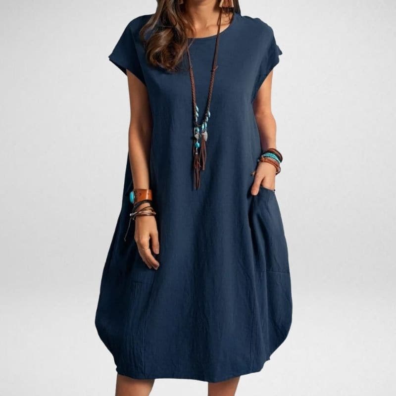 Robe longue femme – Coupe décontractée – Tissu respirant – Manches courtes avec poches