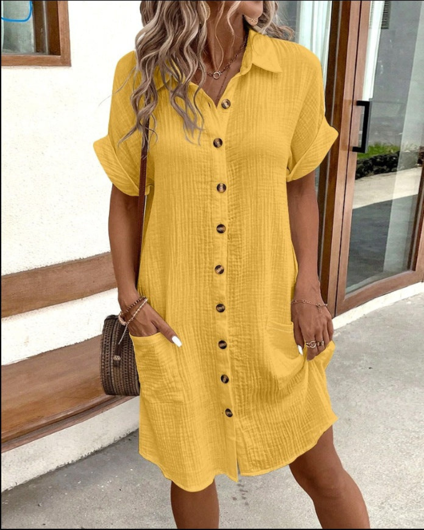 Robe chemise femme – Coupe décontractée – Tissu respirant – Manches roulées – Boutonnée