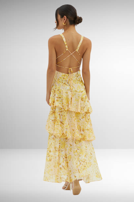 Robe longue femme – Coupe ajustée – Décolleté en V – Jupe à volants – Tissu luxe