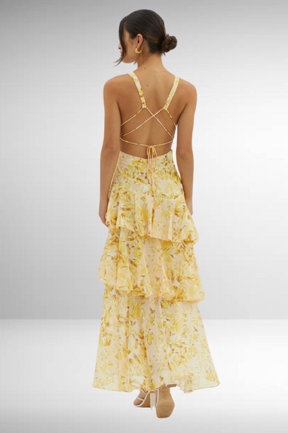 Robe longue femme – Coupe ajustée – Décolleté en V – Jupe à volants – Tissu luxe