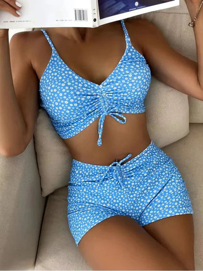 Bikini femme – Haut bralette froncé – Taille haute – Tissu extensible respirant