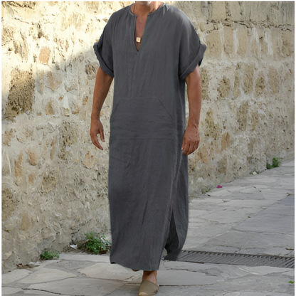 Robe chemise longue homme – Coupe décontractée – Tissu respirant – Manches courtes – Fente latérale