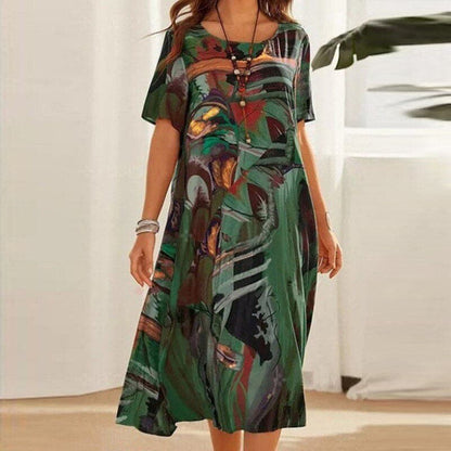 Robe midi femme – Coupe décontractée – Manches courtes – Tissu respirant – Motif abstrait