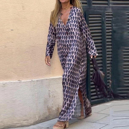 Robe longue femme – Coupe ample – Manches longues – Col en V – Fente latérale – Tissu respirant