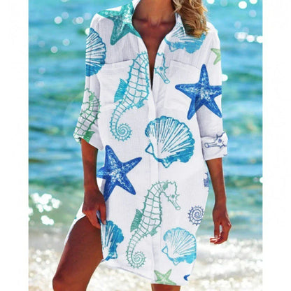 Robe tunique de plage pour femmes – Coupe ample – Tissu respirant – Manches longues – Boutonnée