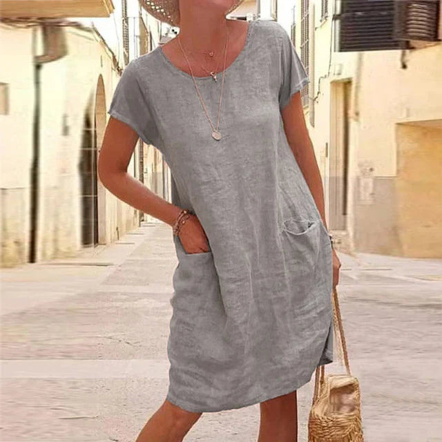 Robe décontractée femme – Fibres naturelles – Coupe droite – Manches courtes – Longueur genou