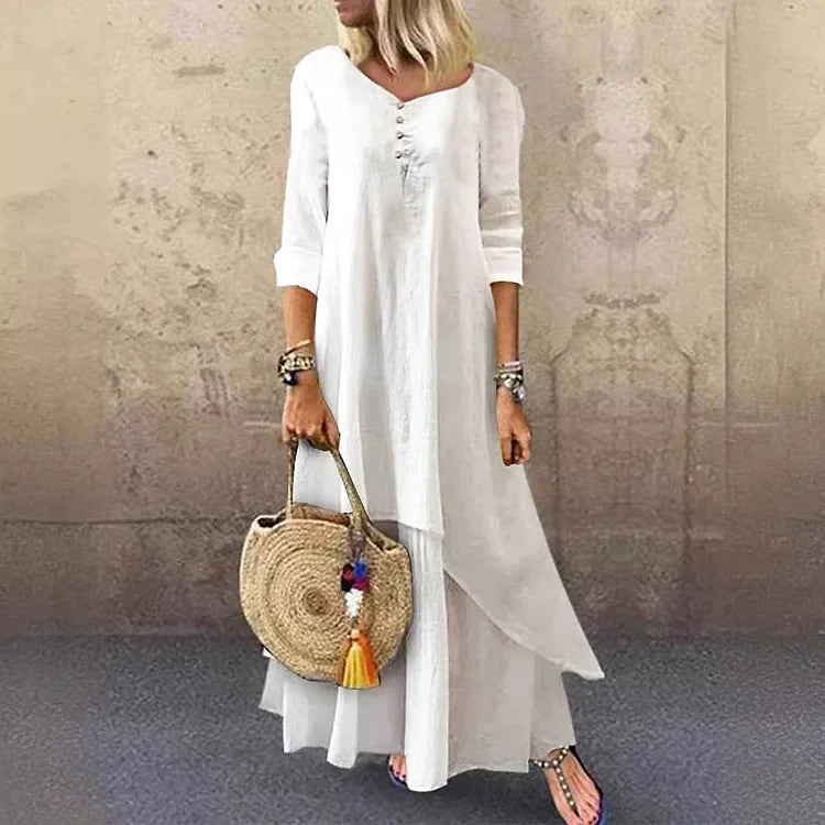 Robe midi femme – Coupe ample – Fibres naturelles – Manches 3/4 – Style superposé