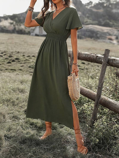 Robe midi femme – Coupe évasée – Décolleté cache-cœur – Manches courtes – Tissu fluide respirant