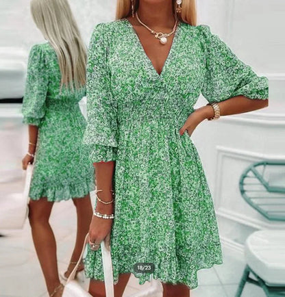 Robe mini femme – Coupe décontractée – Tissu respirant – Manches bouffantes 3/4
