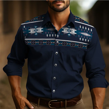 Chemise homme – Coupe ajustée – Manches longues – Motif géométrique rétro – Tissu respirant