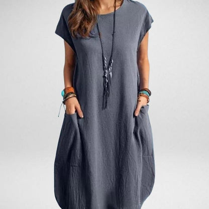 Robe longue femme – Coupe décontractée – Tissu respirant – Manches courtes avec poches