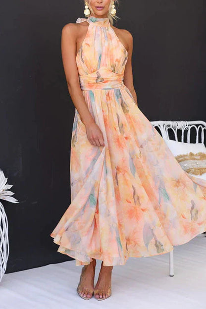 Robe longue femme – Encolure dos nu – Taille froncée – Coupe évasée fluide – Tissu respirant