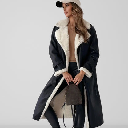 Manteau femme long – Coupe oversize – Doublure effet mouton – Ceinturé croisé