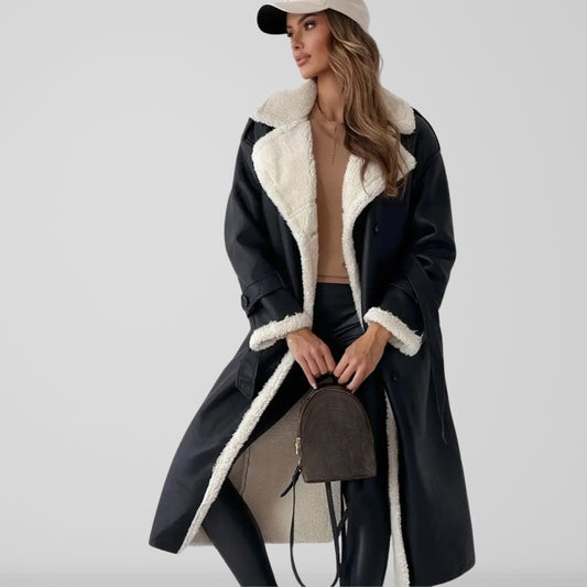 Manteau femme long – Coupe oversize – Doublure effet mouton – Ceinturé croisé