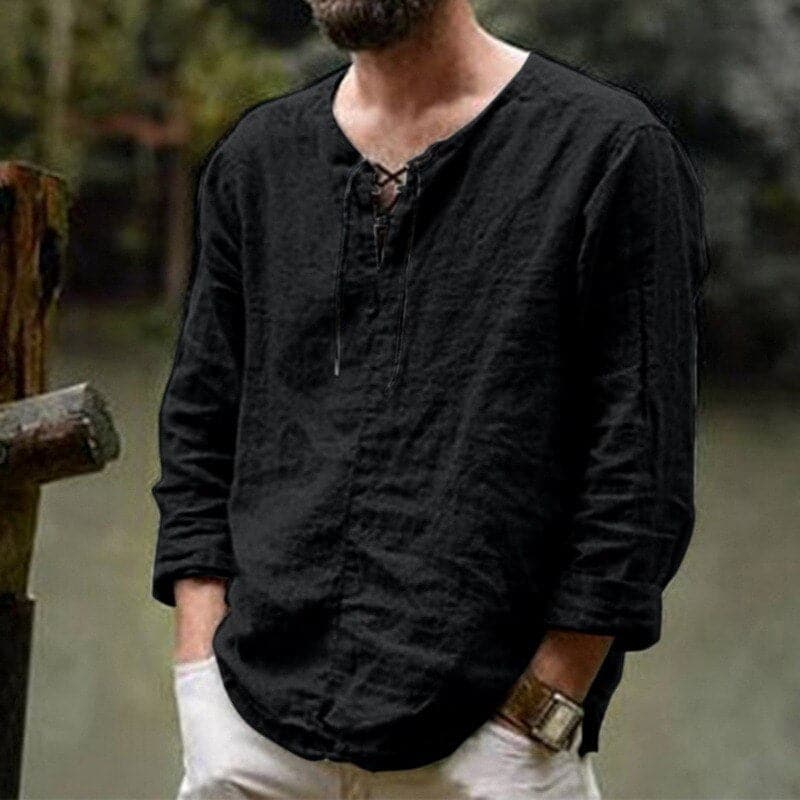 Chemise homme manches longues – Coupe décontractée – Fibres naturelles – Col lacé