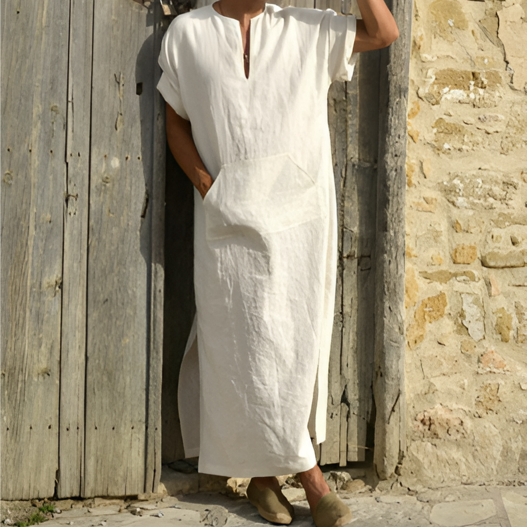Robe chemise longue homme – Coupe décontractée – Tissu respirant – Manches courtes – Fente latérale