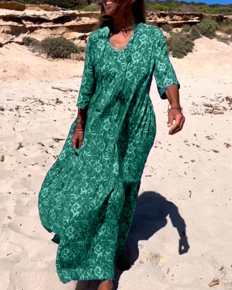 Robe longue femme – Coupe fluide – Tissu respirant – Col V – Imprimé bohème