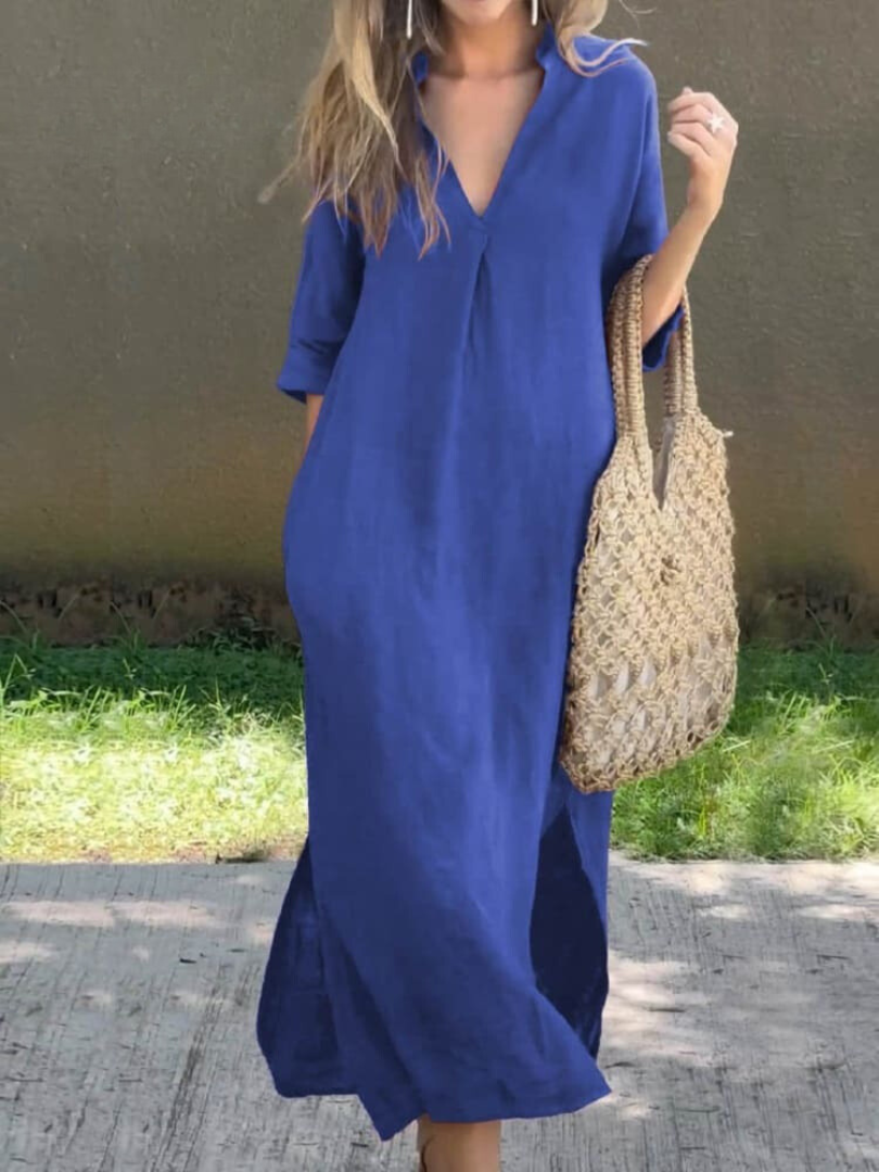 Robe longue femme – Coupe décontractée – Tissu respirant – Manches 3/4 – Col en V