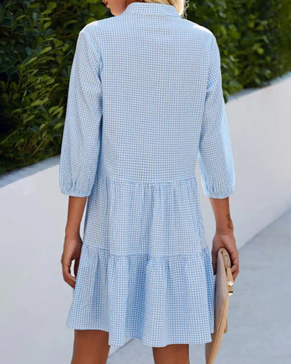 Robe femme – Coupe évasée – Fibres naturelles – Manches 3/4 – Boutonnée – Motif à carreaux