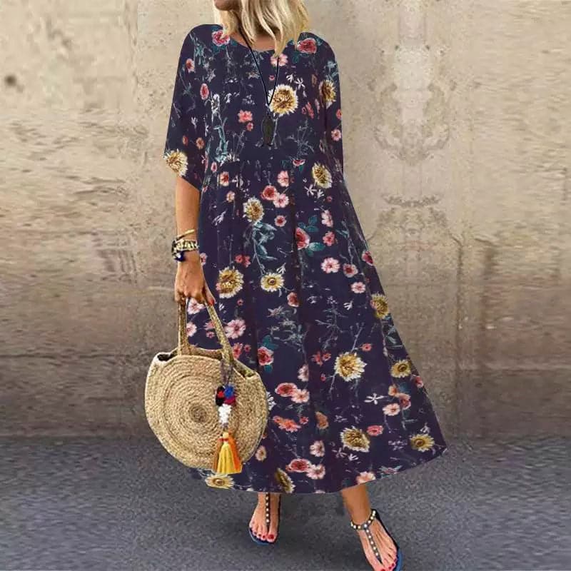 Robe longue femme – Coupe décontractée – Motif fleuri – Tissu respirant – Manches courtes