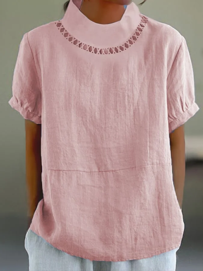 Blouse Femme – Coupe Ample – Manches Courtes Revers – Encolure Décorative – Tissu Respirant