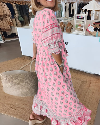 Robe longue femme – Fibres naturelles – Coupe fluide – Motif fleuri bohème – Col V