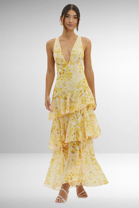 Robe longue femme – Coupe ajustée – Décolleté en V – Jupe à volants – Tissu luxe