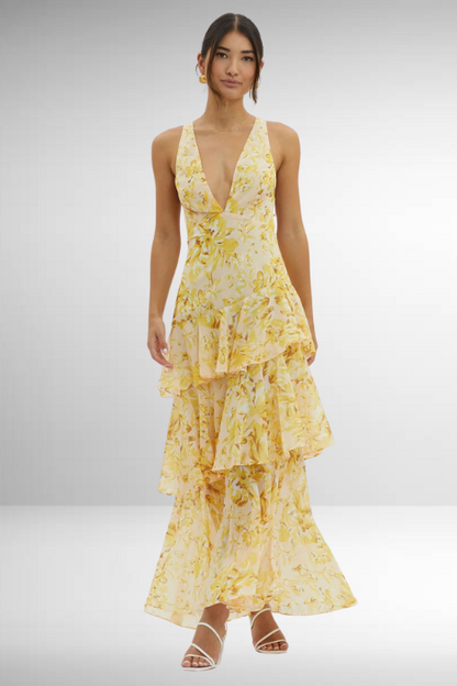 Robe longue femme – Coupe ajustée – Décolleté en V – Jupe à volants – Tissu luxe