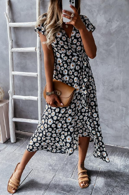 Robe femme midi – Coupe décontractée – Manches courtes – Imprimé floral fluide