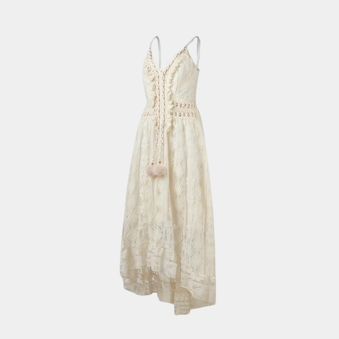 Robe midi femme – Coupe fluide – Détails en dentelle – Bretelles fines – Style bohème